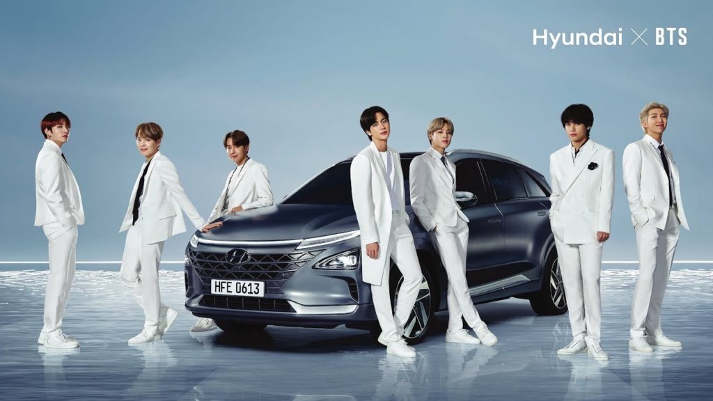 Publicité de la collaboration du groupe BTS et la amrque de voiture Hyundai